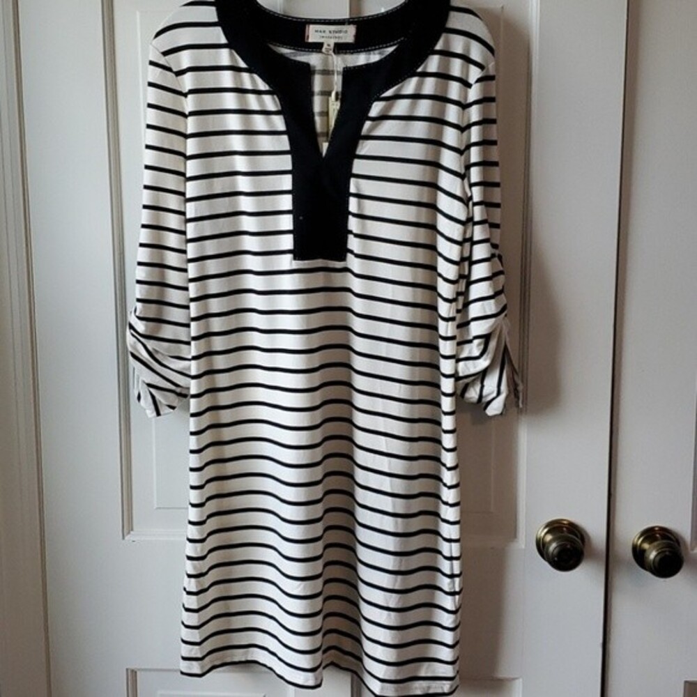 NWT MAX STUDIO WEEKEND SHIFT TUNIC DRESS KNIT MEDIUM CREAM WHITE BLACK STRIPE